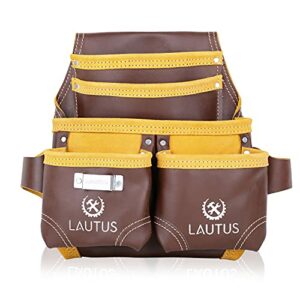 LAUTUS Oil Tanned Leather Tool Nail Pouch Bag |Cherry | Carpenter, Construction, Framers, Handyman | 5 Pockets, 2 Snap Loops | 100% Leather