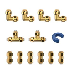 WMAXPFIT PEX Pipe Fitting 1/2 inch Set, Brass Push Fit Fitting 1/2 inch Set with 90 degree elbow, tee & coupling, push to connect for quick connection to PEX Tube Pack of 12