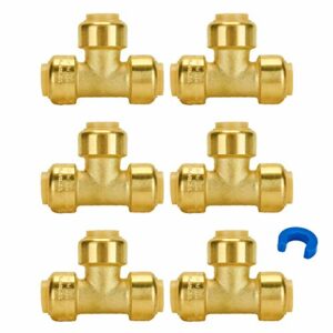 SUNGATOR 6-Pack 1/2-Inch Push Fit Plumbing Tee, Push-to-Connect Plumbing Fittings, No Lead Brass Pipe Connector T Fittings for Copper, PEX, CPVC
