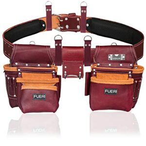 FUERI Tool Pouch Framers Combo Tool Belt Tool Kit | Heavy Duty Pro Gauge Leather Rig Riveted Reinforcement Organizer Tool Holder Drill Holster Multipurpose 17 Pocket (Excluding Tools)